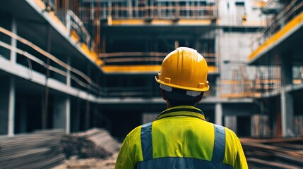 A construction worker observes the building site, planning safety measures and overseeing the ongoing project with focus.