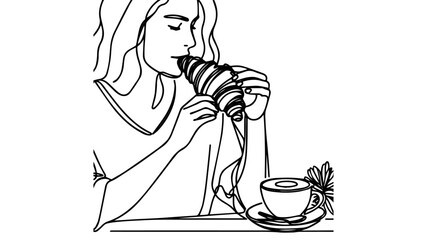 woman sitting in a cafe eating a croissant line art vector