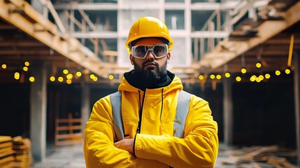 Confident worker in a yellow jacket and hard hat stands in a construction site, showcasing safety and professionalism.