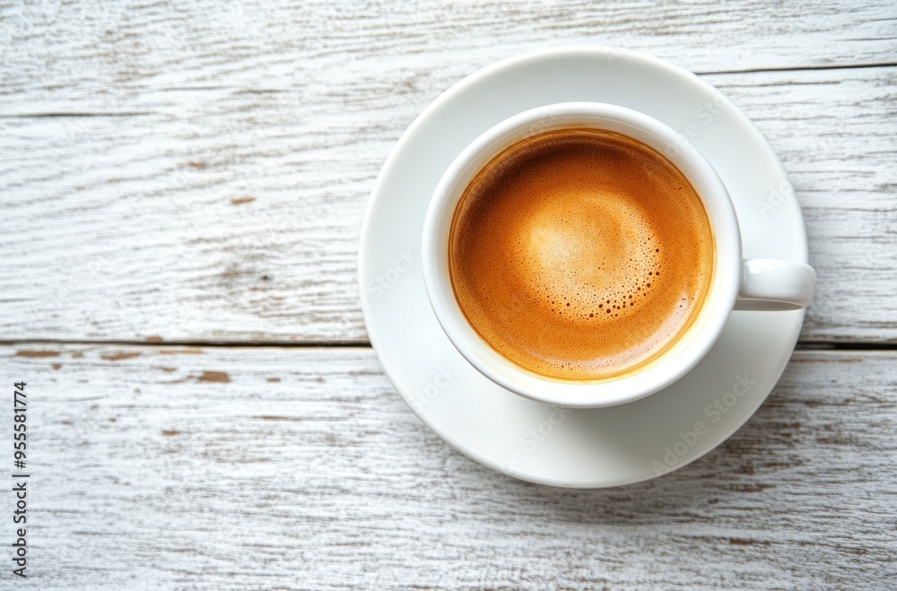 Poster A Cup of Espresso on White Wooden Table