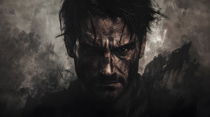 Piercing Gaze of Weathered Protagonist Conveying Inner Strength in Moody Cityscape