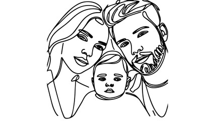 Closeup portrait of couple with their baby one line drawing illustration