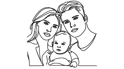 portrait of couple with their baby single line drawing vector