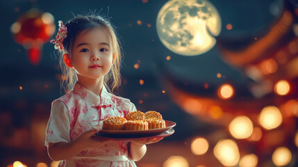 Naklejka premium a little asian girl holding plate of mooncakes with chinese temple and moon in background, china, beijing, mid autumn festival, september 17, reunification day, child, portrait, food, treat, meal