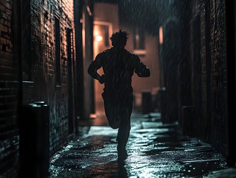 Fugitive Character s Desperate Sprint Through Shadowy Alleyways Amid Cinematic Chiaroscuro Lighting