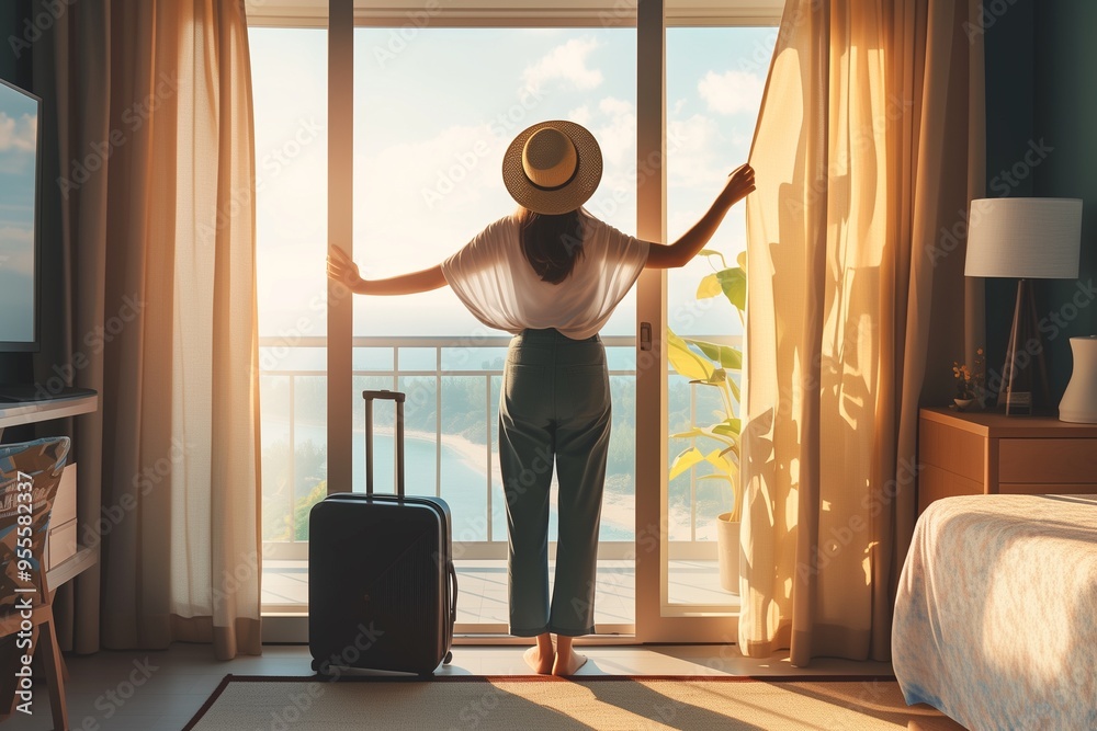 Wall mural woman with suitcase opening curtains and door