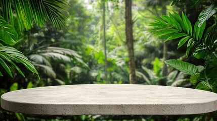 A serene jungle backdrop featuring a natural stone surface, perfect for displaying products or creating stunning visuals.