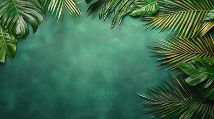 Lush green tropical leaves framing a textured backdrop, perfect for nature-themed designs and environmental concepts.