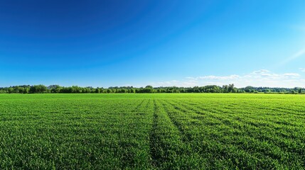 Fototapeta premium A wide expanse of lush green grass under a clear blue sky, perfect for capturing the essence of a sunny summer day with ample space for copy.