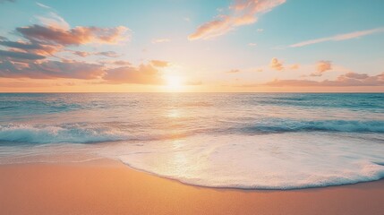 A wide, sandy beach at sunrise, with gentle waves lapping at the shore and a colorful sky overhead.
