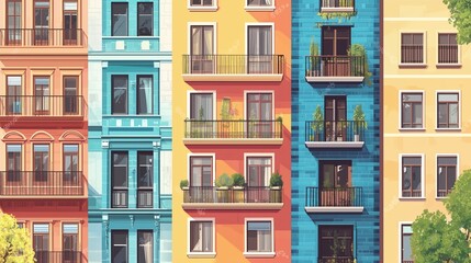 Fototapeta premium Colorful apartment buildings lined together in an urban setting showcasing diverse architectural styles during midday sunlight