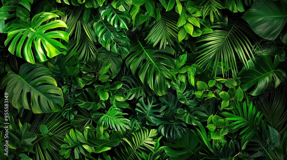 Wall mural Lush green leaves create a vibrant, natural background, perfect for enhancing designs with a touch of nature's beauty.