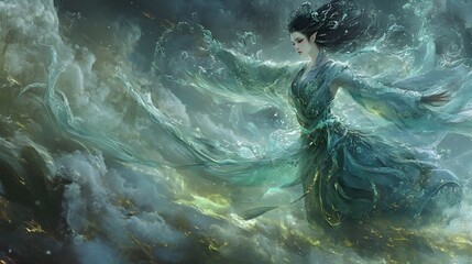 Fierce Shapeshifting Warrior Goddess Emerging from Vortex of Elemental Energy Radiating Power and