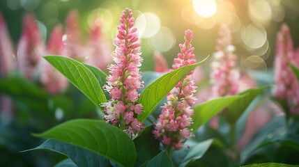 Obraz premium Pink flowers in bloom, with green leaves and a soft blurred background.