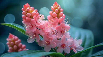 Obraz premium A cluster of delicate pink flowers with yellow centers bloom against a soft green and blue background.