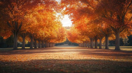 Naklejka premium A wide-angle shot of a grove of trees with brilliant autumn leaves, casting a warm, colorful glow over the surrounding landscape.