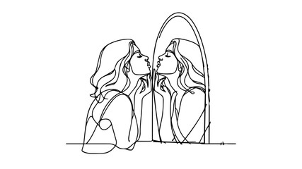 girl kissing reflection of herself on a mirror line art illustration