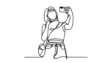 girl with a phone taking selfie single line art