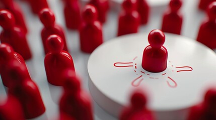 A unique focus on a central figure surrounded by red figurines, symbolizing leadership and individuality in a crowd.