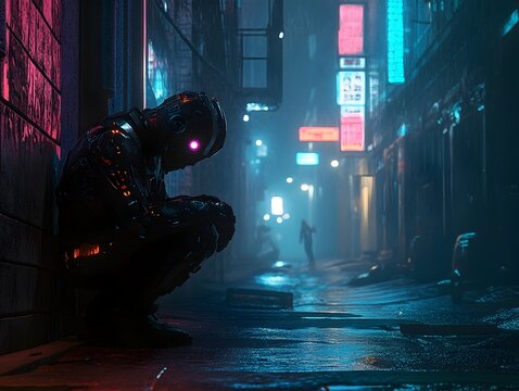 Cybernetically Enhanced Futuristic Mercenary Crouching in Neon Lit Alley Cinematic Scene
