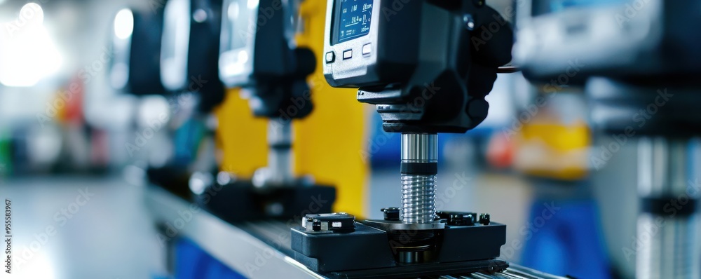 Poster macro shot of alignment tools with digital display used in precision engineering on a production lin