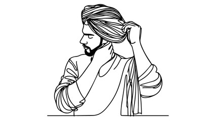 Indian man adjusting turban single line drawing vector