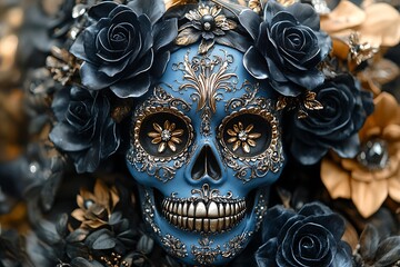 Ornate skull adorned with black and gold roses, symbolizing life and death.