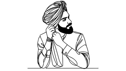 young Indian man adjusting turban line art vector