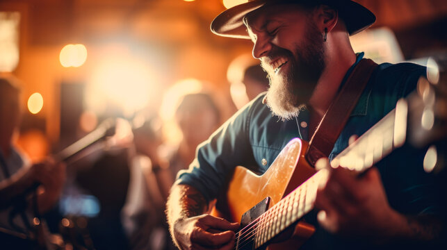 Musician playing guitar at live performance