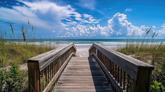 Emerald Isle NC Beach Entrance on Wooden Boardwalk with Stunning Ocean View