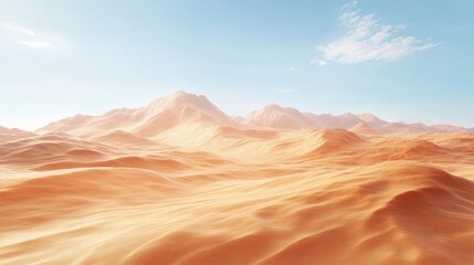 Naklejka premium A wide-angle view of a windswept desert landscape, with sand dunes and a clear sky, perfect for adventure or nature-themed designs with ample copy space.