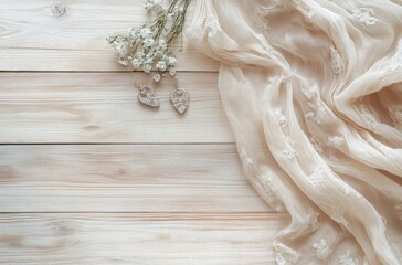 Elegant  Floral and Jewelry Composition on Wooden Background
