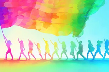 Playful and vibrant background with abstract rainbow people lifting a flag, ideal for illustrating an LGBTQ Pride Month banner or sign