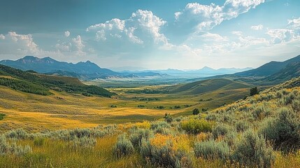 Fototapeta premium A wide-angle view of Utah's mountainous landscape, with rolling hills and distant peaks, offering a vast and open scene with ample copy space.