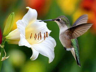Fototapeta premium Little Daylily: Ruby Throated Hummingbird Inspecting Flower for Nectar in Backyard