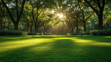 Fototapeta premium A wide-open green lawn in a park, bordered by trees and shrubs, with dappled sunlight filtering through the leaves.