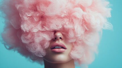 A creatively styled pink cotton candy-inspired wig worn by a model, blending whimsical fashion with playful artistry, set against a pastel blue background.