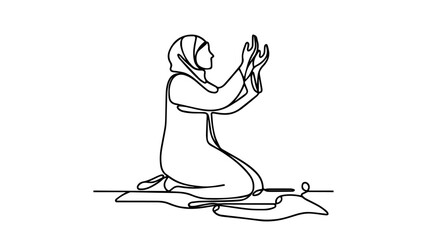 Muslim woman praying on mat line art drawing