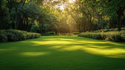 Fototapeta premium A wide-open green lawn in a park, bordered by trees and shrubs, with dappled sunlight filtering through the leaves.