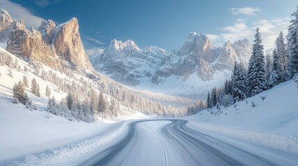 A winding road leading through a snowy mountain pass, framed by towering peaks, ideal for winter travel promotions.