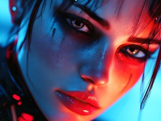 Captivating Futuristic Character Study with Striking Makeup and Contemplative Expression