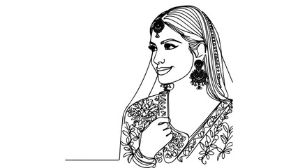 Portrait of an Indian bride in traditional clothing line art vector