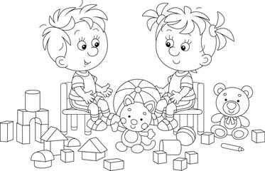 Happy little boy and girl playing with their funny toys in a nursery room, black and white outlined vector cartoon illustration for a coloring book page