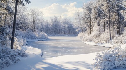 Fototapeta premium A winter scene of a frozen Minnesota lake, with snow-covered trees and a peaceful, quiet atmosphere.