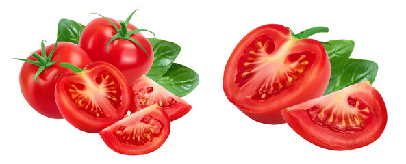 Tomato half and slices isolated on white background with  full depth of field.