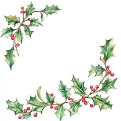 Fototapeta premium Holly Boarder. Hand Drawn Watercolor Ornamental Twig Frame with Berries and Leaves for Wedding Decor