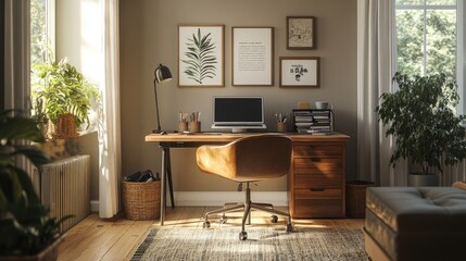 A workspace with a sleek desk, laptop, and comfortable chair, showcasing a productive lifestyle. Plenty of room for messages.