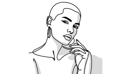 Stylish woman with a buzz cut shaved head, wearing earrings one line art vector