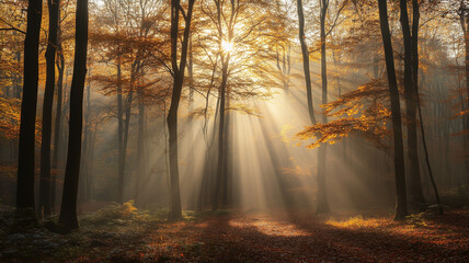 Obraz premium Morning sunrays in late autumn forest. Beautiful fall landscape, trees with leaves in autumn colors. Laeves on the ground. Natural light. Sunbeams in autumn forest. Background poster, autumn mockup.