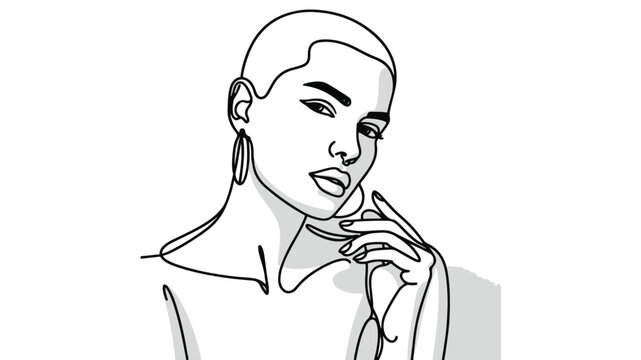 recommend clip art: Stylish woman with a buzz cut shaved head, wearing earrings one line art vector
